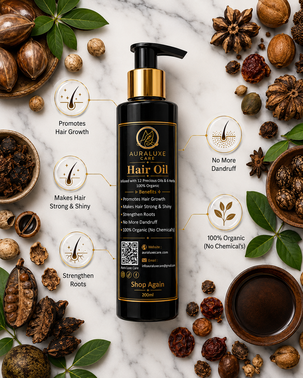 Aura Luxe Hair Oil, Infused with 12 Precious Oils & 6 Herbs