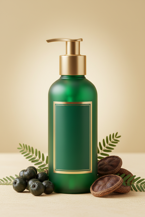 Aura Luxe Anti-Hair Fall Herbal Shampoo – emerald green pump bottle with botanical ingredients